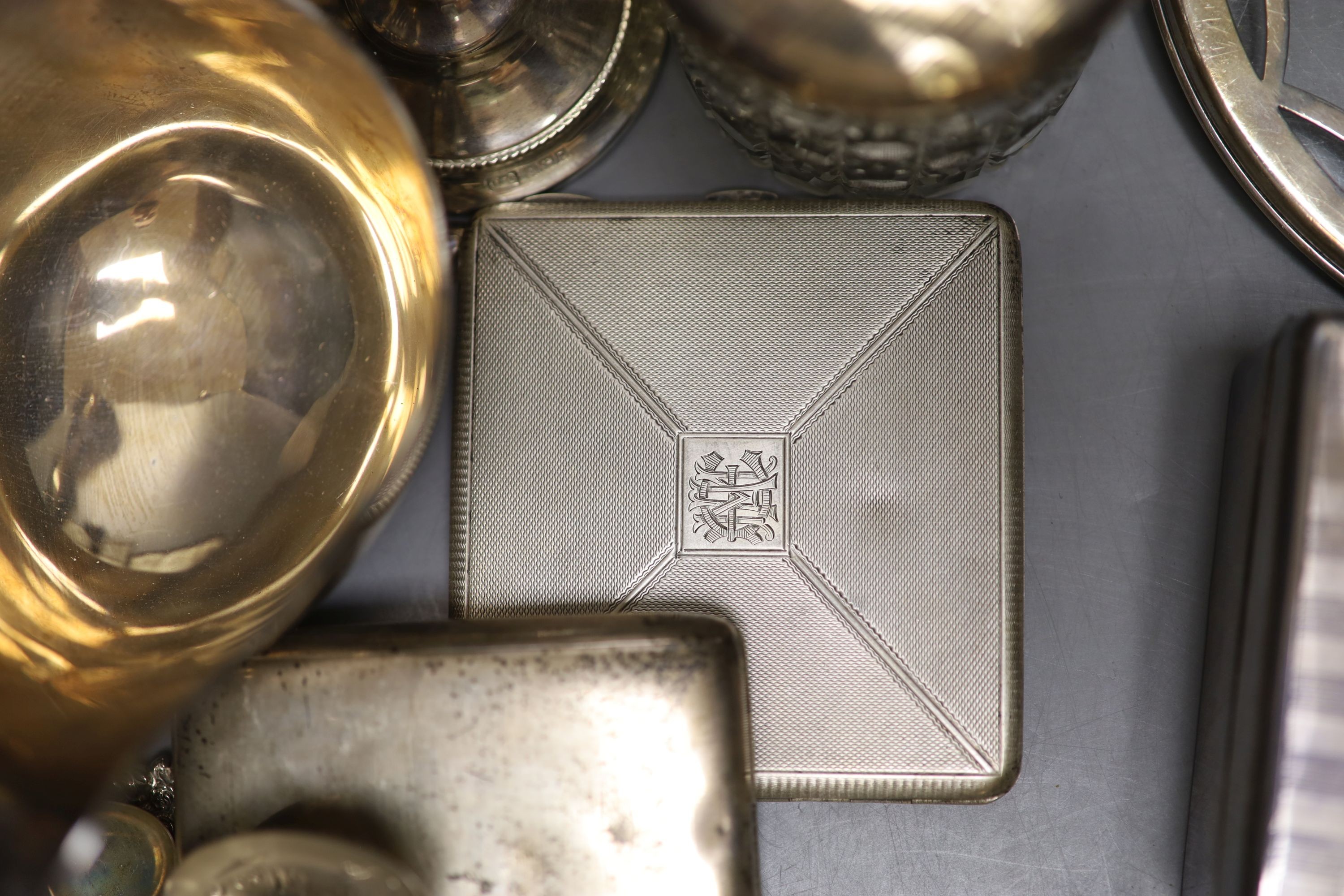 Assorted small silver including cased sets of cocktail sticks, sauceboat, toilet jars, cigarette box, cigarette cases and minor flatware etc.